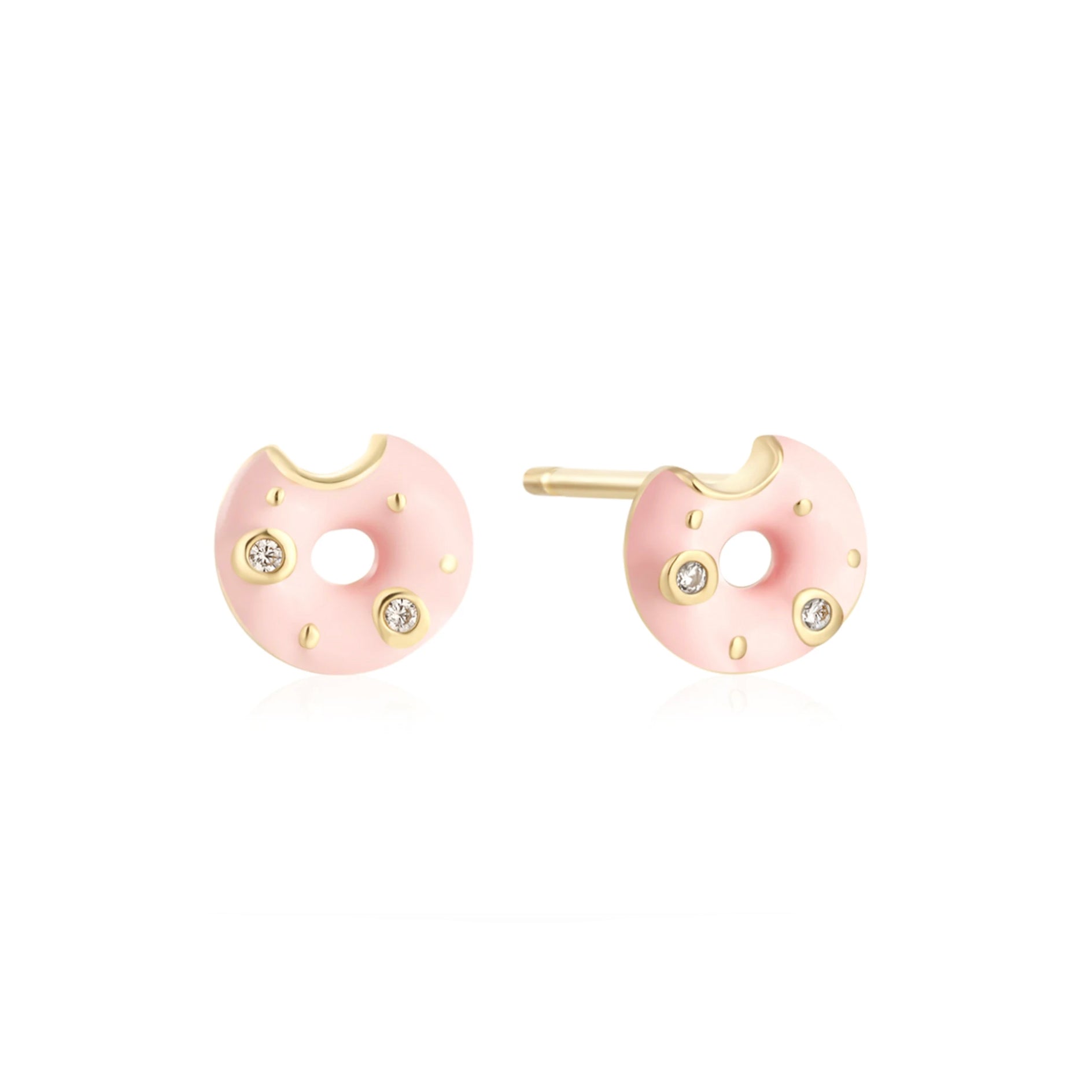 Elevate your style with these 14k diamond and enamel donut post earrings, crafted with brilliant diamond sprinkles and pink enamel frosting. 