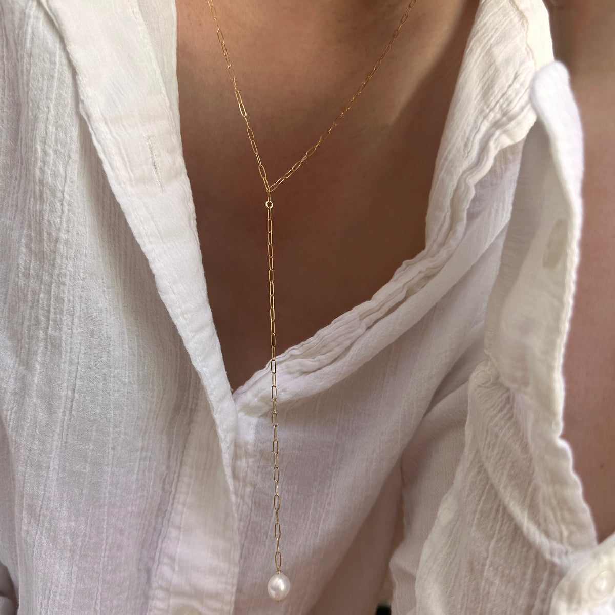 Dainty Paperclip Lariat Necklace with Pearl – E&E PROJECT