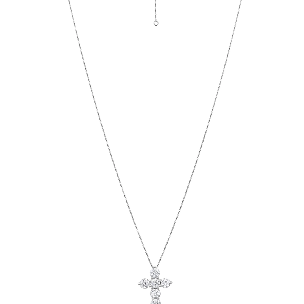A silver-toned cross pendant necklace with clear stones, displayed on a clean white background.