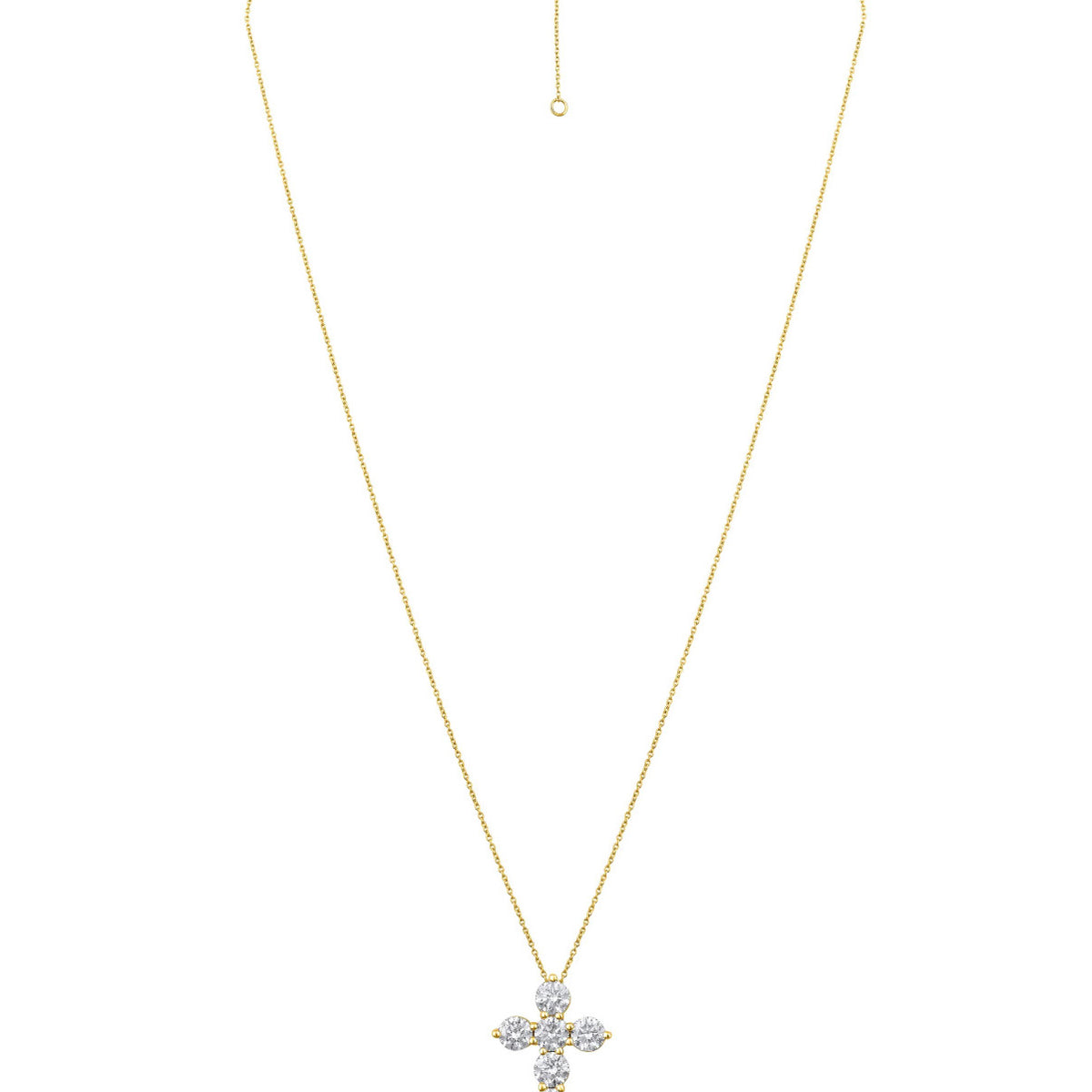 A delicate gold chain necklace featuring a cross pendant encrusted with clear stones, displayed against a solid white background.