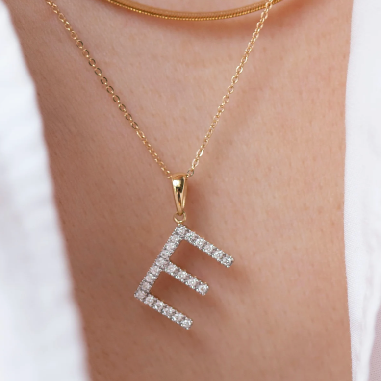 14K Yellow gold medium sized diamond initial charm necklace