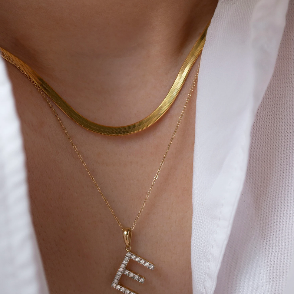 14K Yellow gold medium sized diamond initial charm necklace