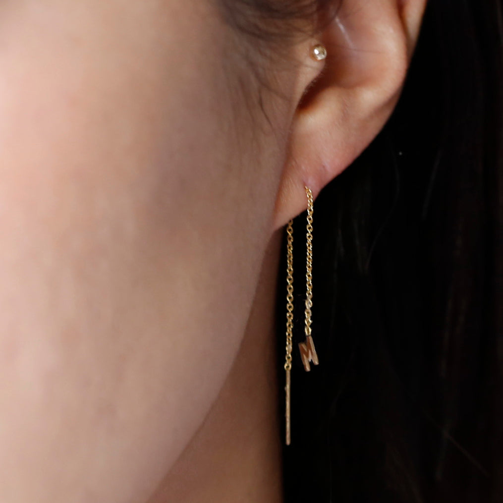 14K Solid Gold Initial Ear Thread Earring