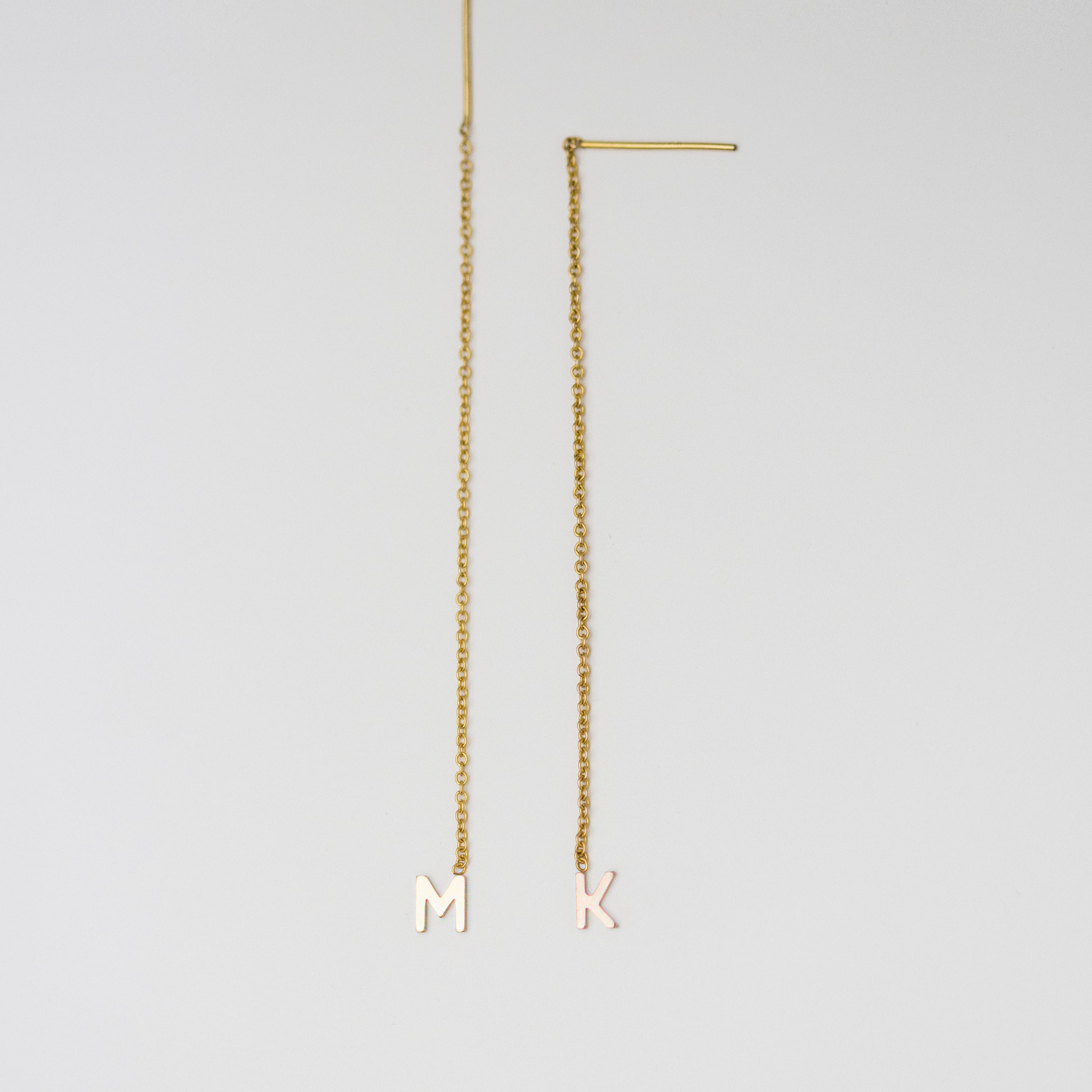 14K Solid Gold Initial Ear Thread Earring
