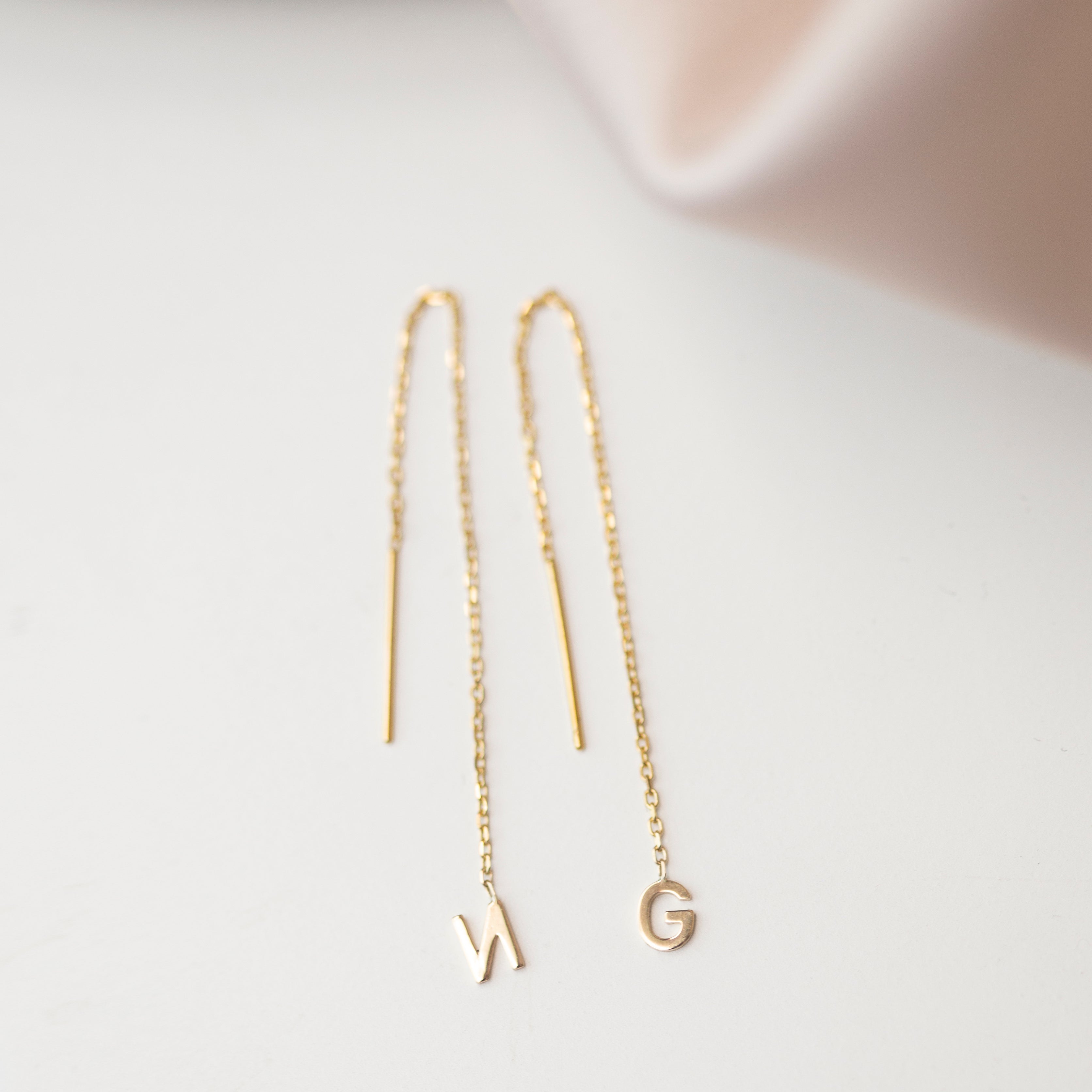 14K Solid Gold Initial Ear Thread Earring