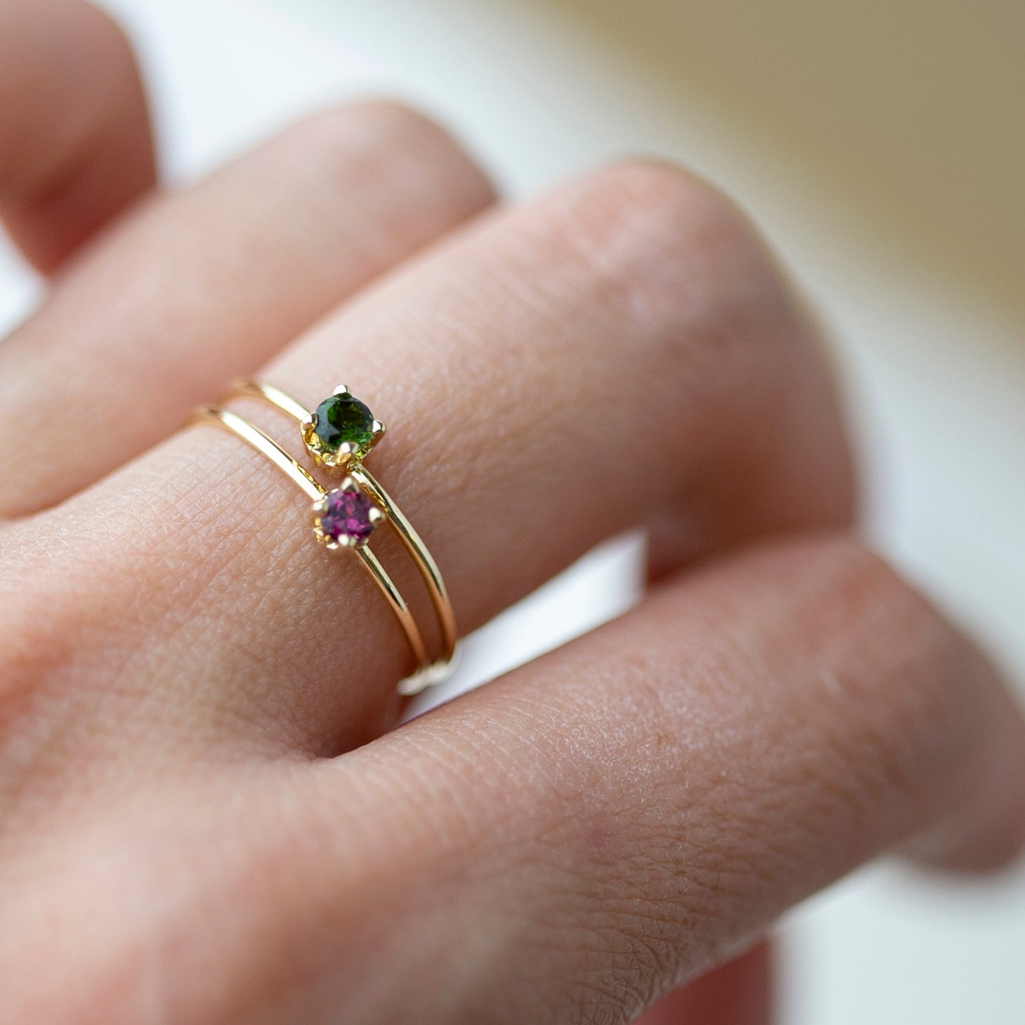 This exquisite 14k Gold Solitaire Birthstone Ring can be customized with the gemstone of your choice. A beautiful and sophisticated gift for yourself or a loved one. The sample image features Peridot and Pink Tourmaline, but we can use any gemstone you desire.