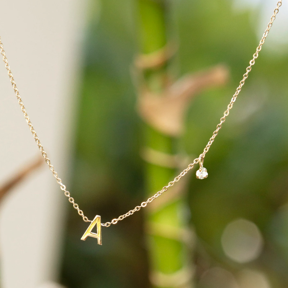 Personalized initial necklace with a diamond dangle