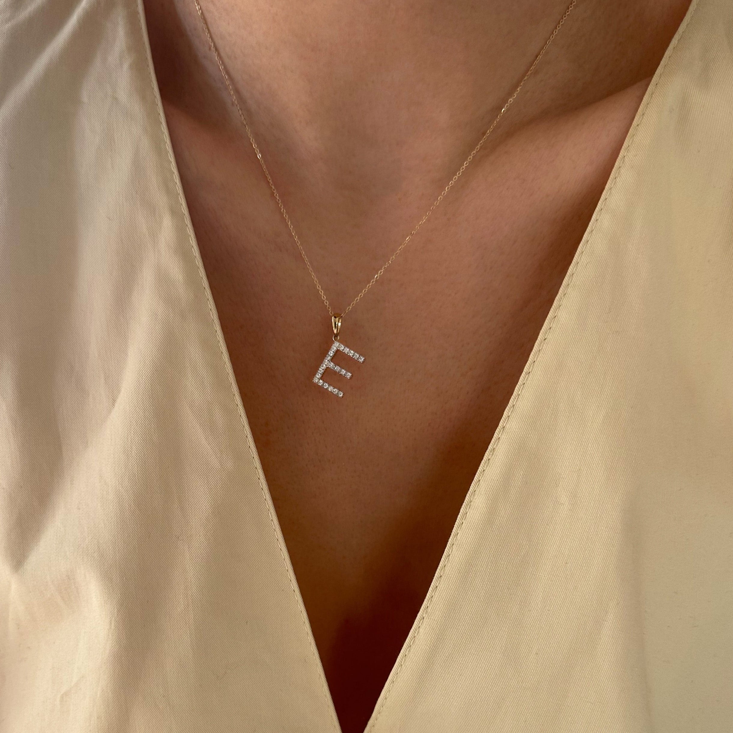 14K Yellow gold medium sized diamond initial charm necklace
