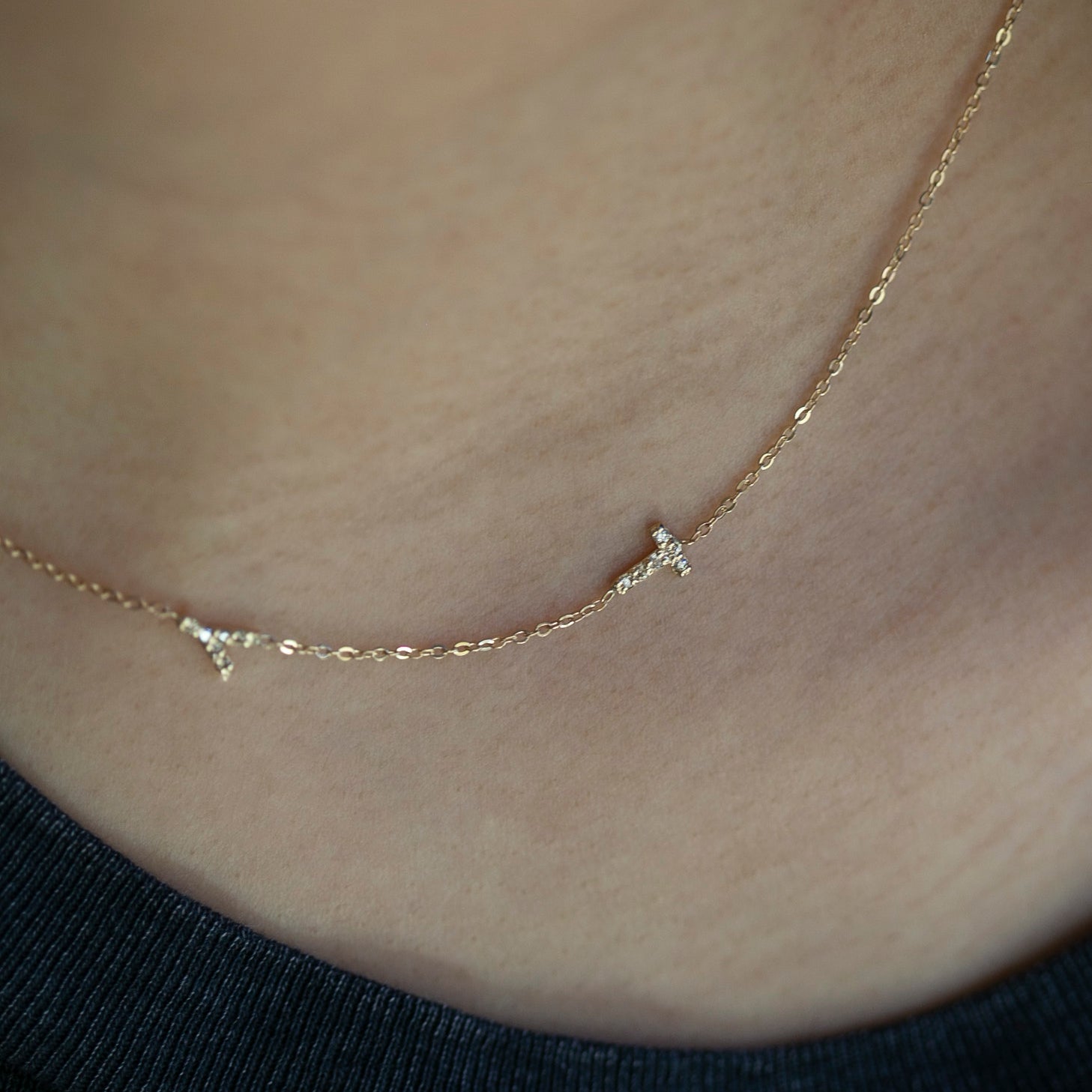 Personalized Asymmetrical 14k solid gold initials necklace.