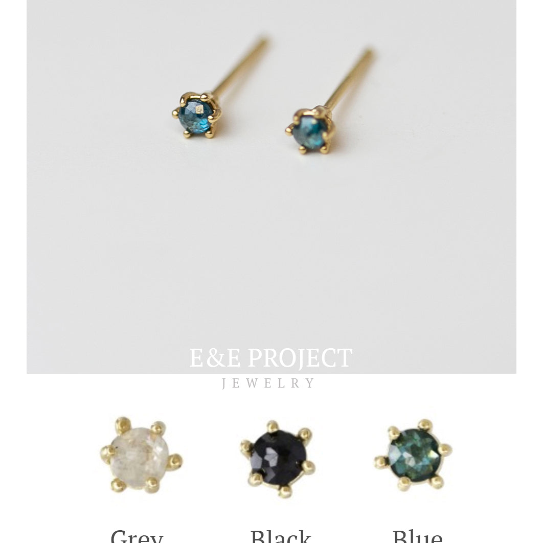 Gold Blue Rough Cut Diamond Solitaire Stud Earrings in 14k Gold.