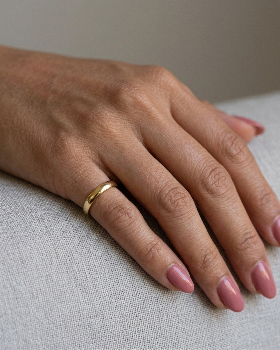 Hand wearing a gold ring with pink nail polish on a neutral background