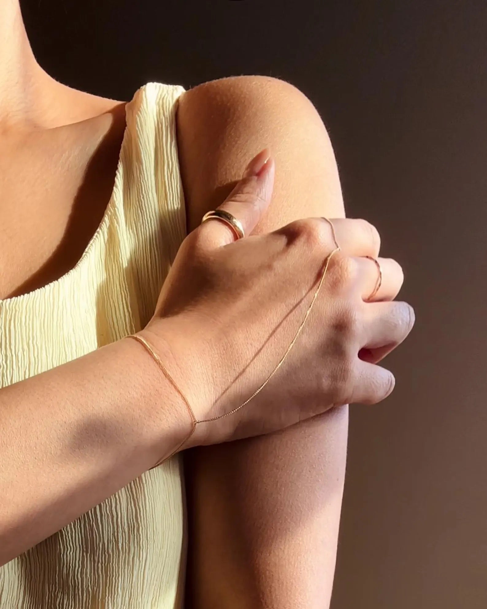 14k gold dainty hand chain bracelet