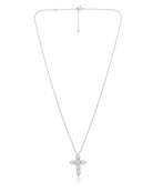 A silver-toned cross pendant necklace with clear stones, displayed on a clean white background.