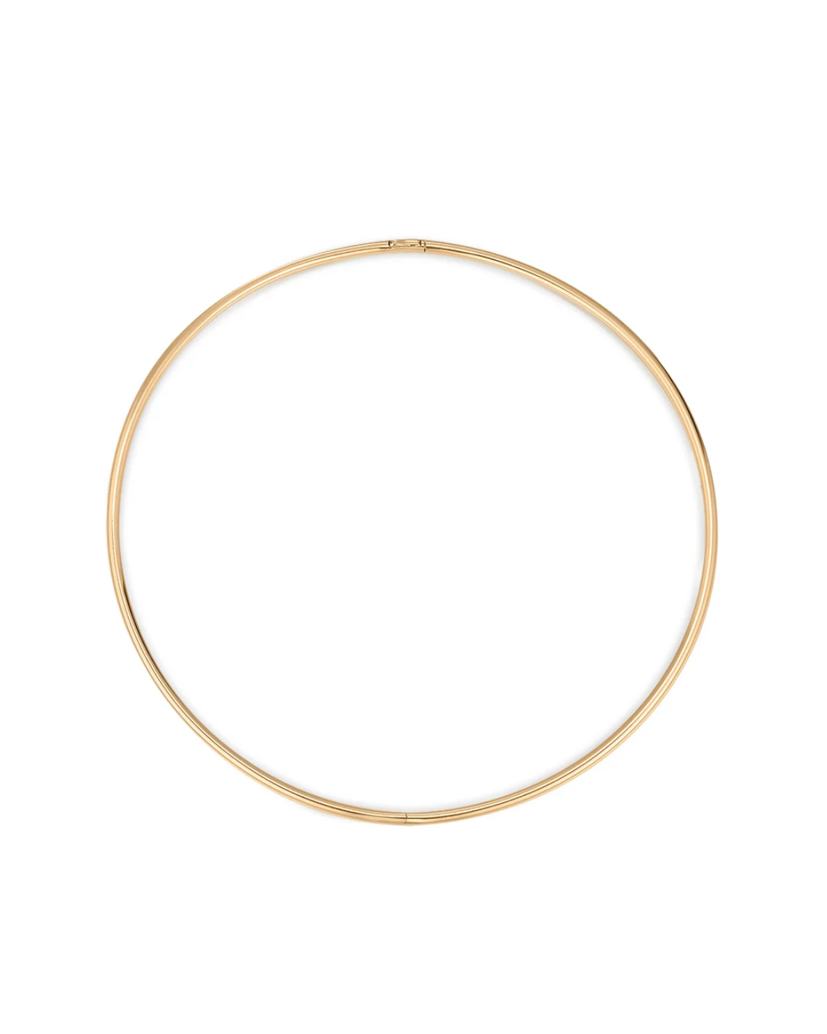 A minimalist, thin gold hoop necklace displayed against a solid white background.
