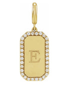 A gold initial pendant charm featuring a rectangular dog-tag style design with a border of small clear stones and an engraved letter 'E' in the center, shown on a plain white background.