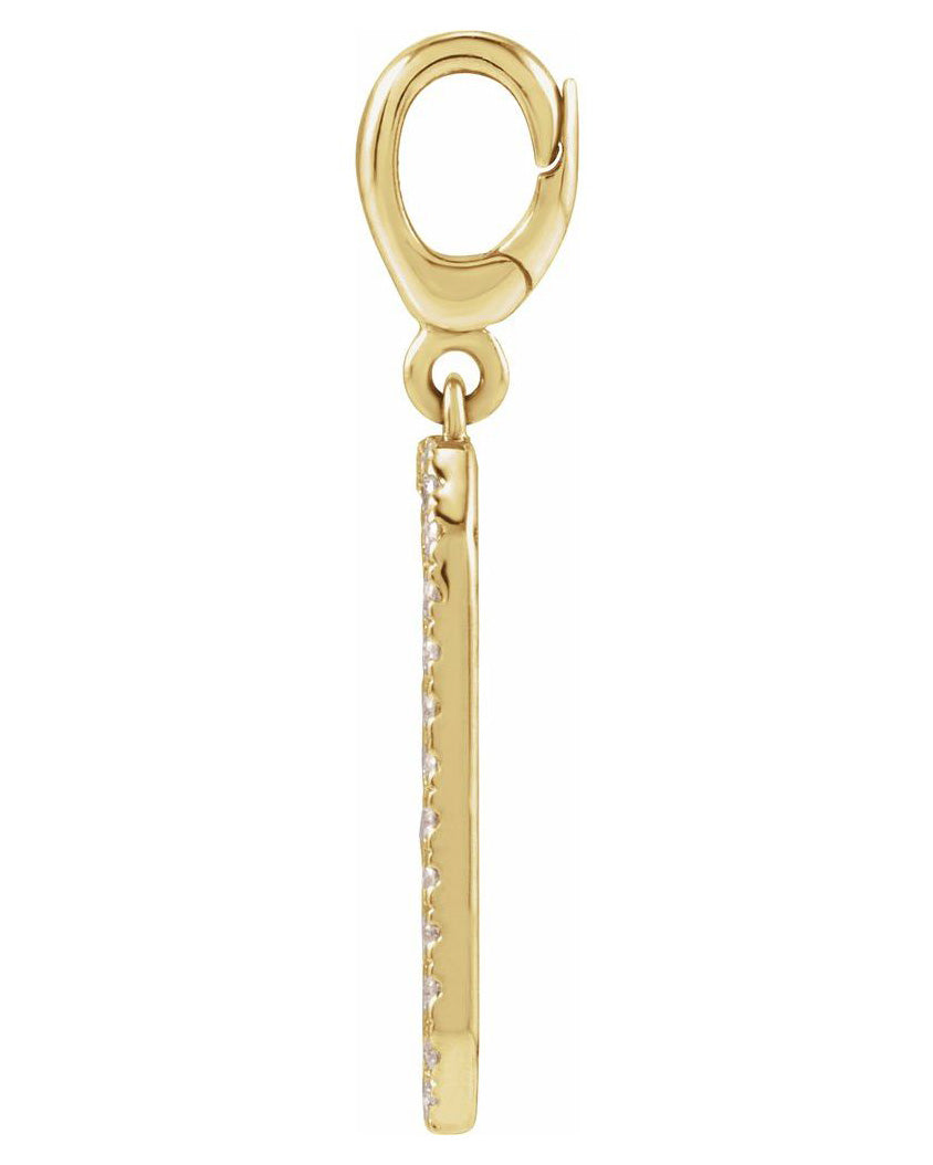 A gold dangle charm featuring a lobster clasp at the top and a slim, vertically oriented bar with a row of small clear stones along one side, shown on a plain white background.