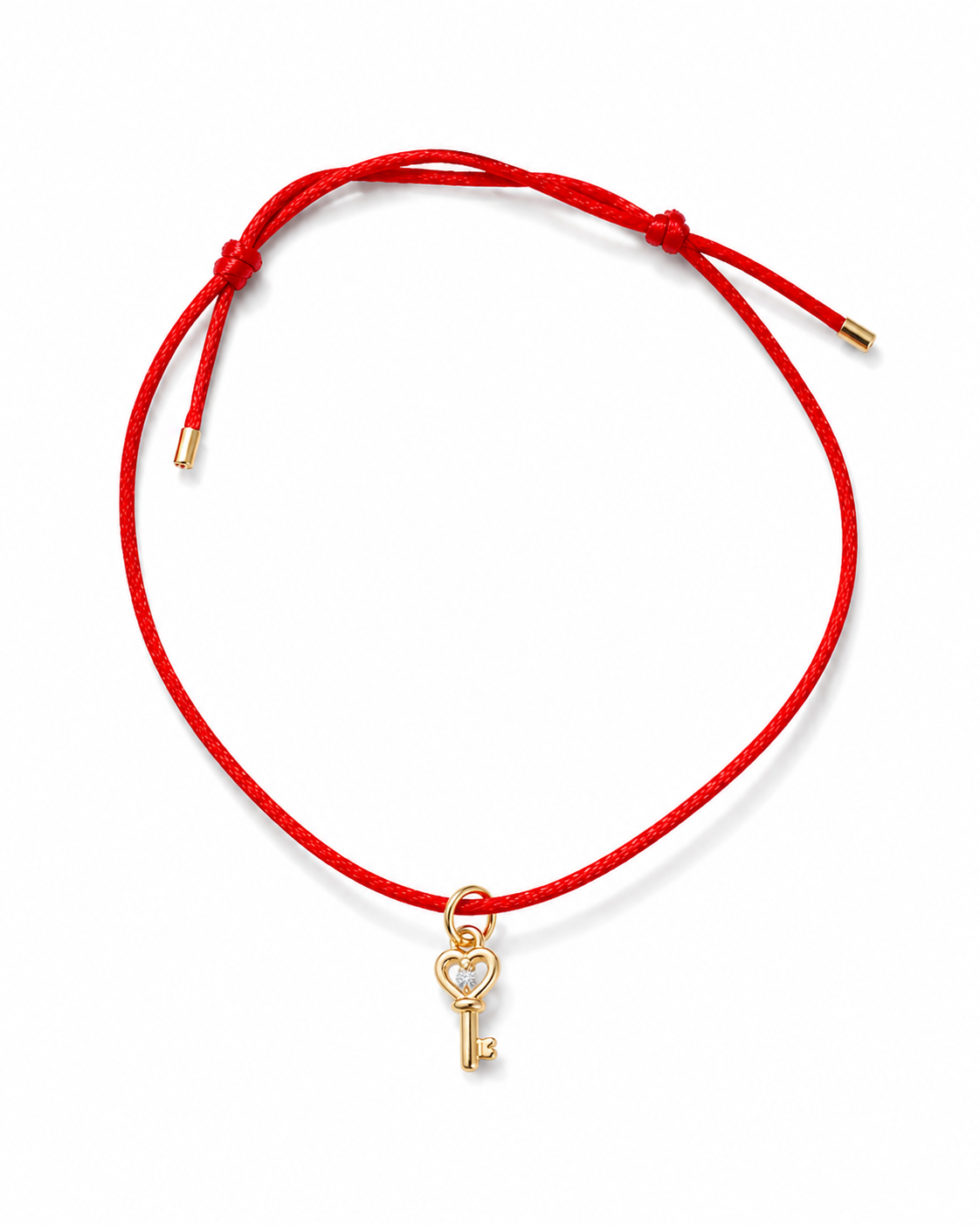 A red adjustable cord bracelet featuring a small gold heart-shaped key charm in the center, displayed on a clean white background.