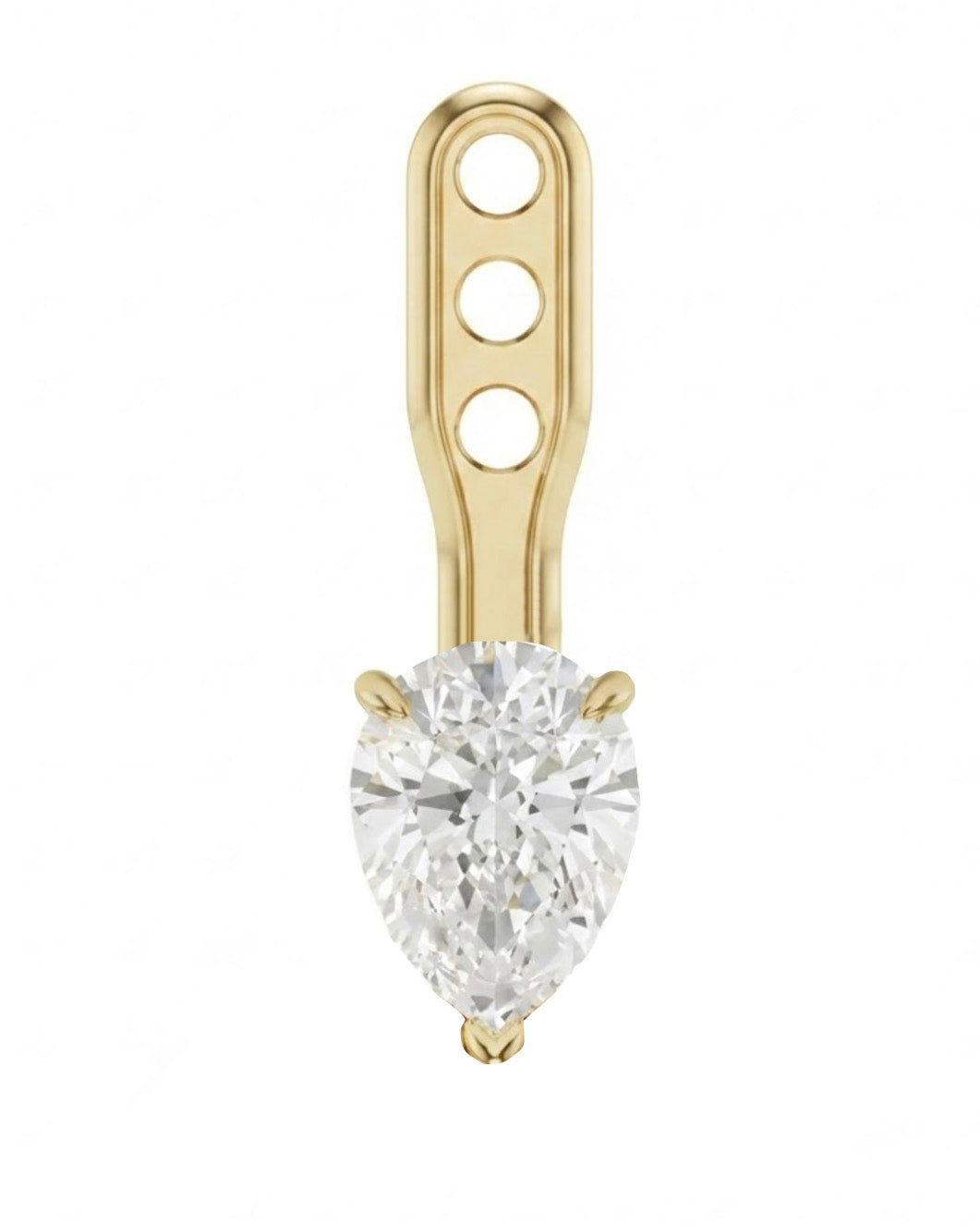 A gold nose stud earring featuring a large pear-cut clear gemstone in a prong setting, with a decorative gold post containing three circular cutouts, shown on a plain white background.