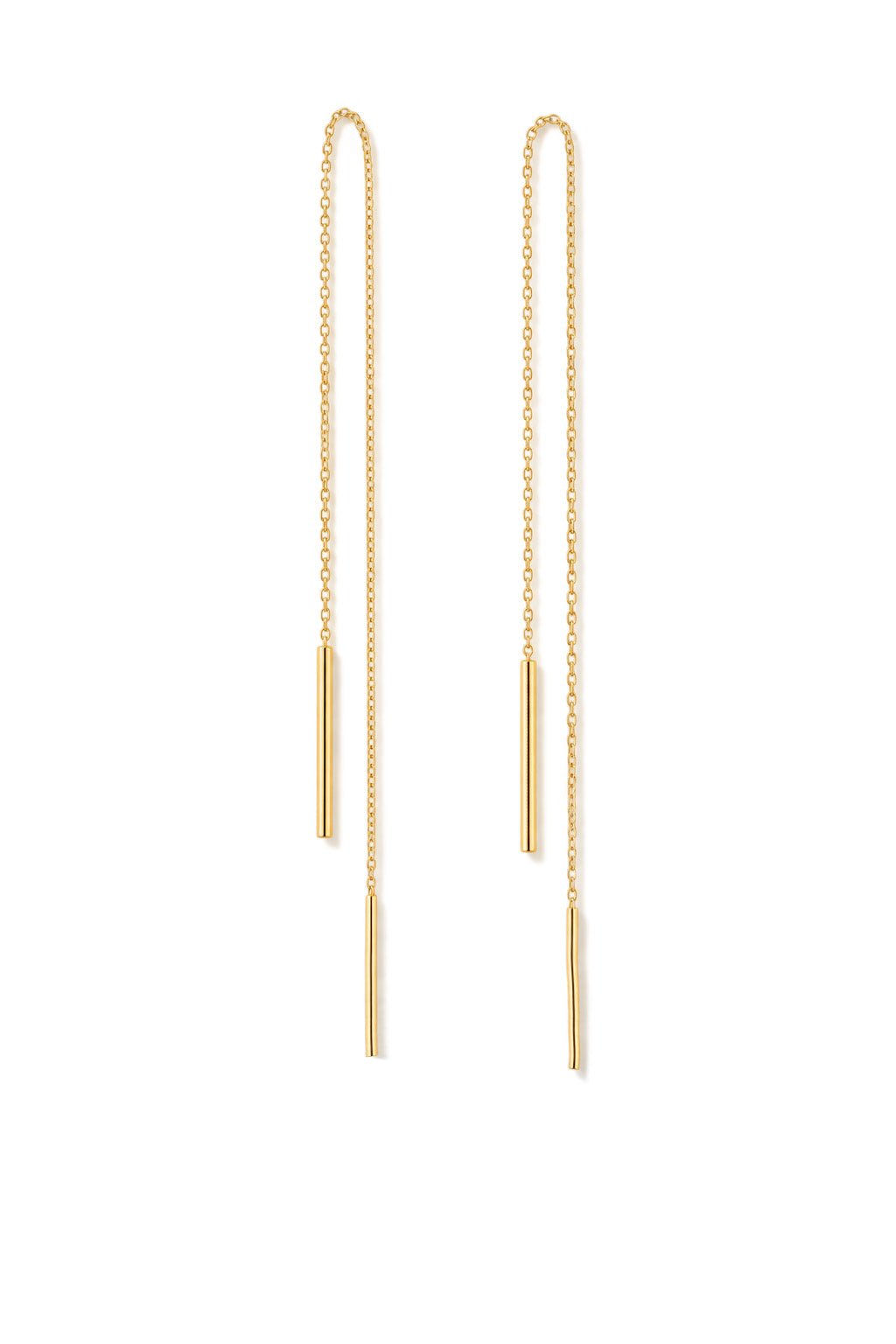 A pair of gold drop earrings with a delicate chain, a small cylindrical bar, and a longer dangling bar, shown on a plain white background.