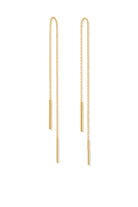 A pair of gold drop earrings with a delicate chain, a small cylindrical bar, and a longer dangling bar, shown on a plain white background.