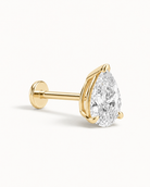 A pear-cut diamond stud earring in yellow gold, featuring a brilliant-cut clear gemstone set in a four-prong gold setting on a post with a flat back, shown on a clean white background.