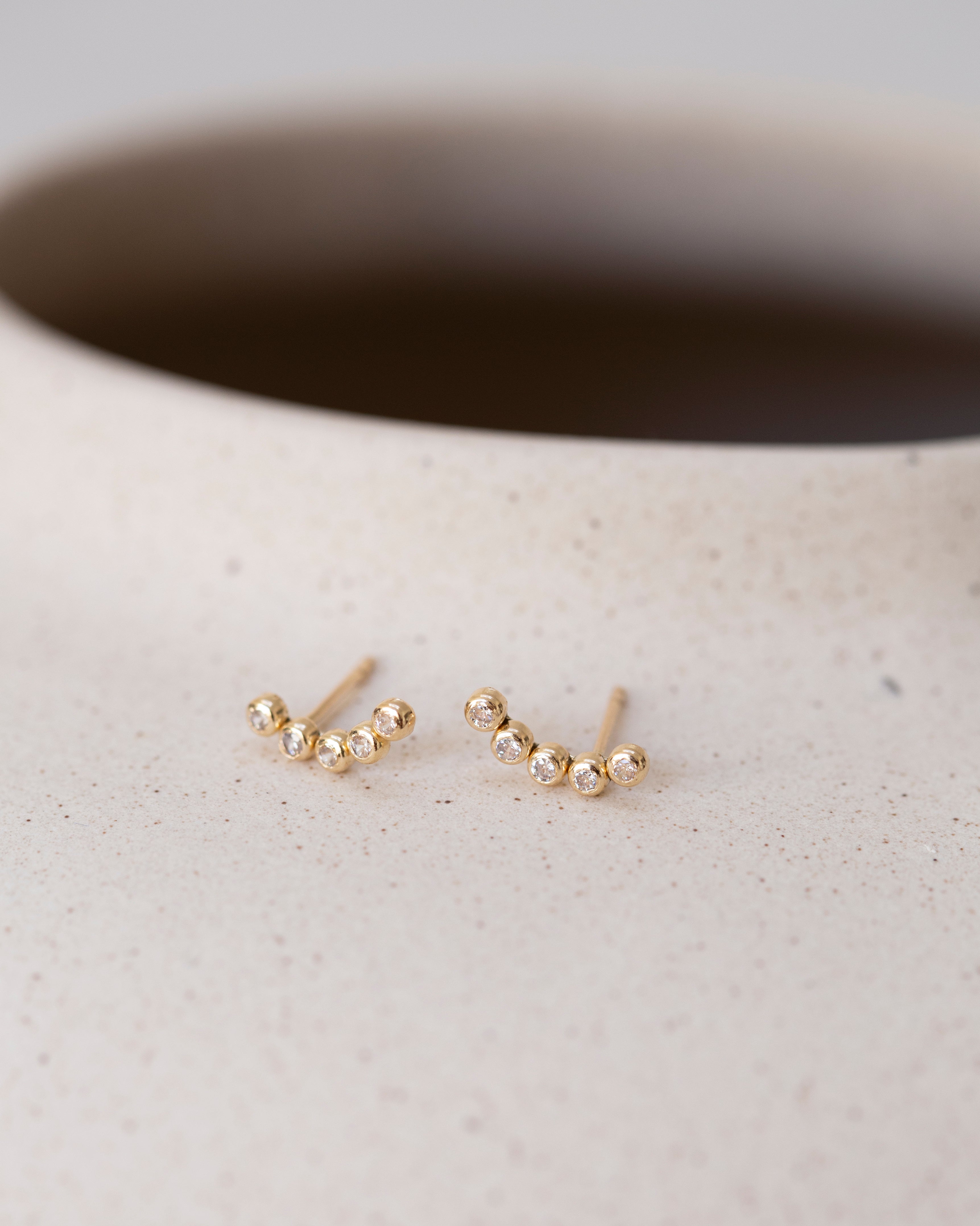 14K Yellow Gold CZ Crescent Moon Stud Earrings