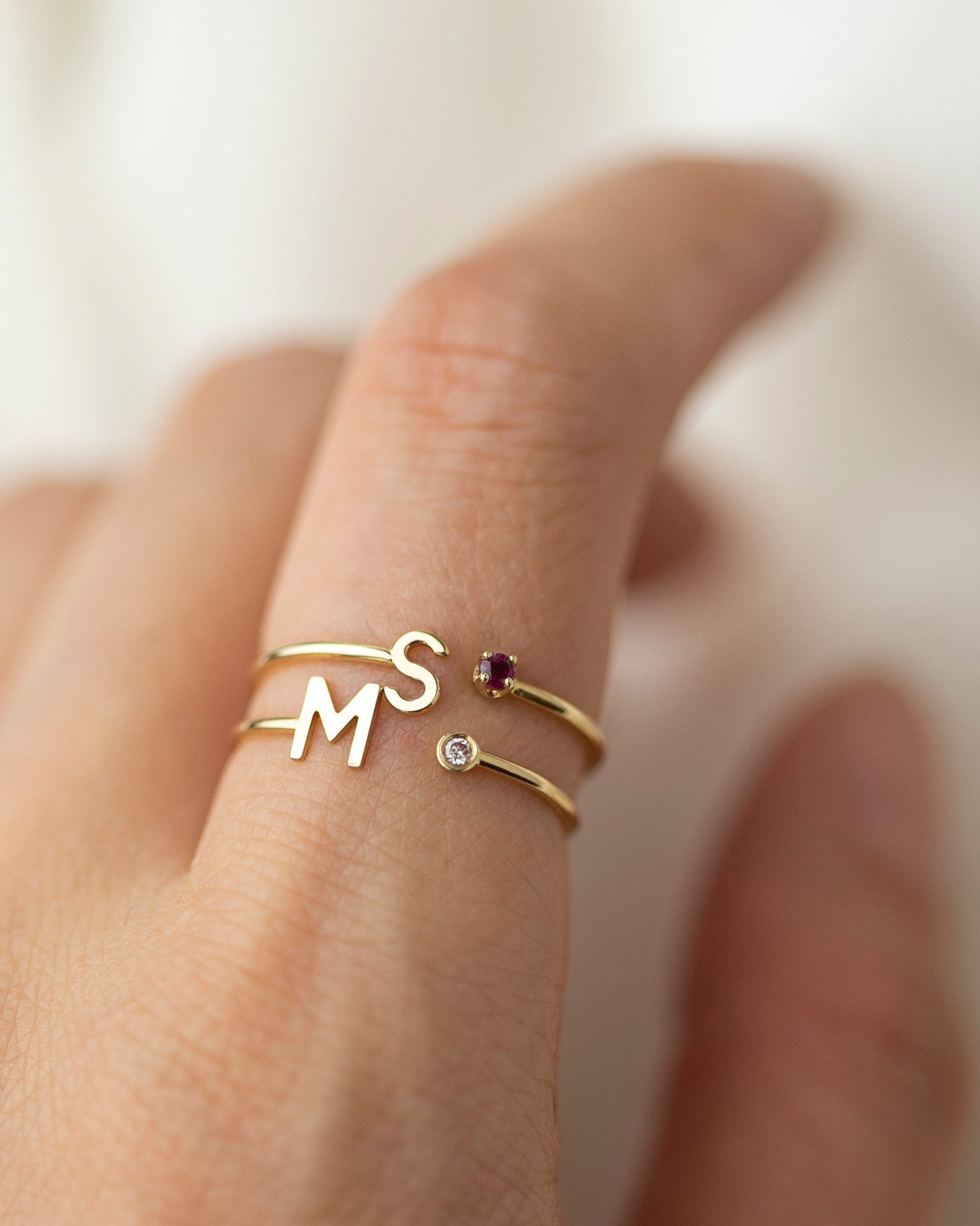 14k Gold Initial Ring with Birthstone E E PROJECT