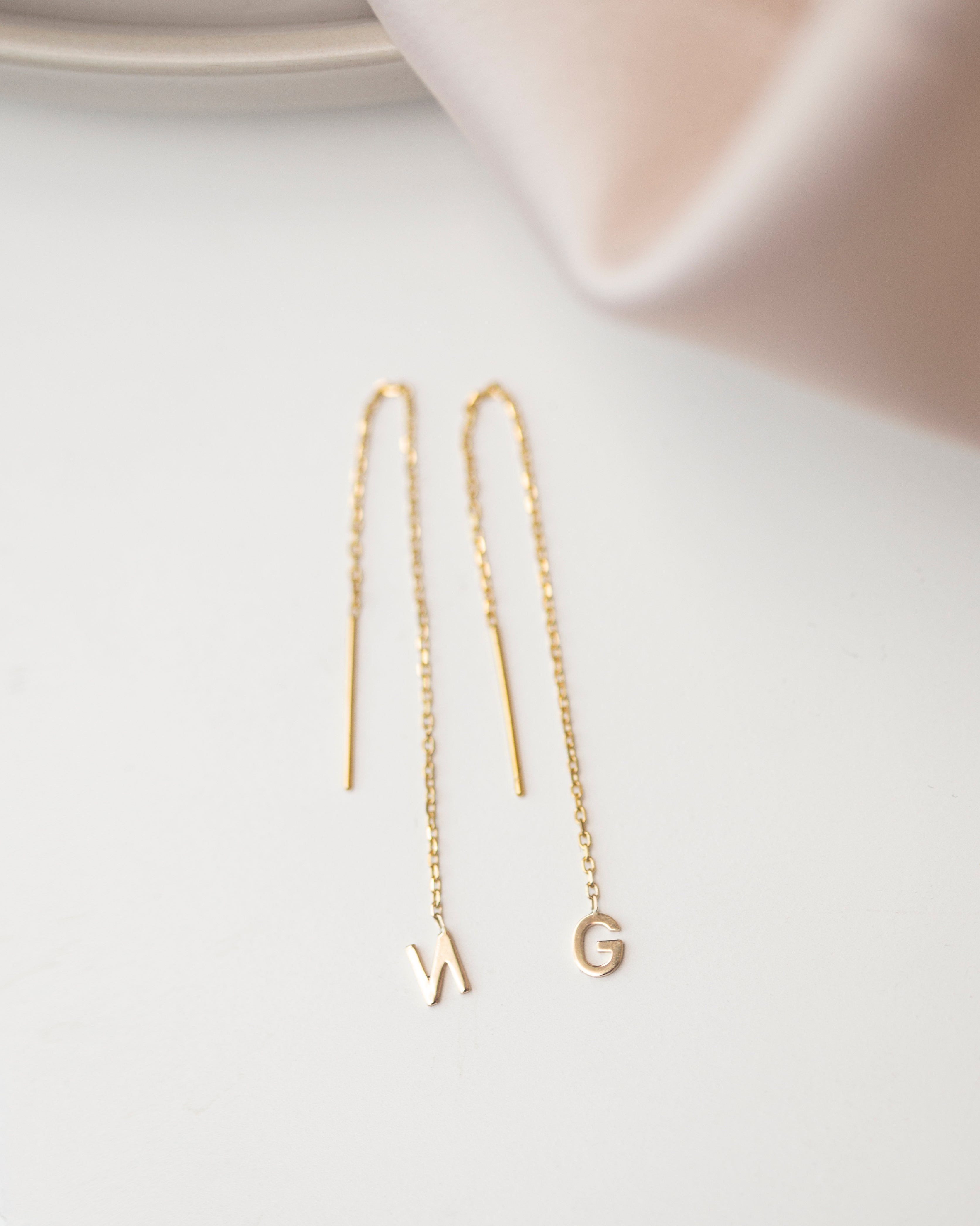 14K Solid Gold Initial Ear Thread Earring