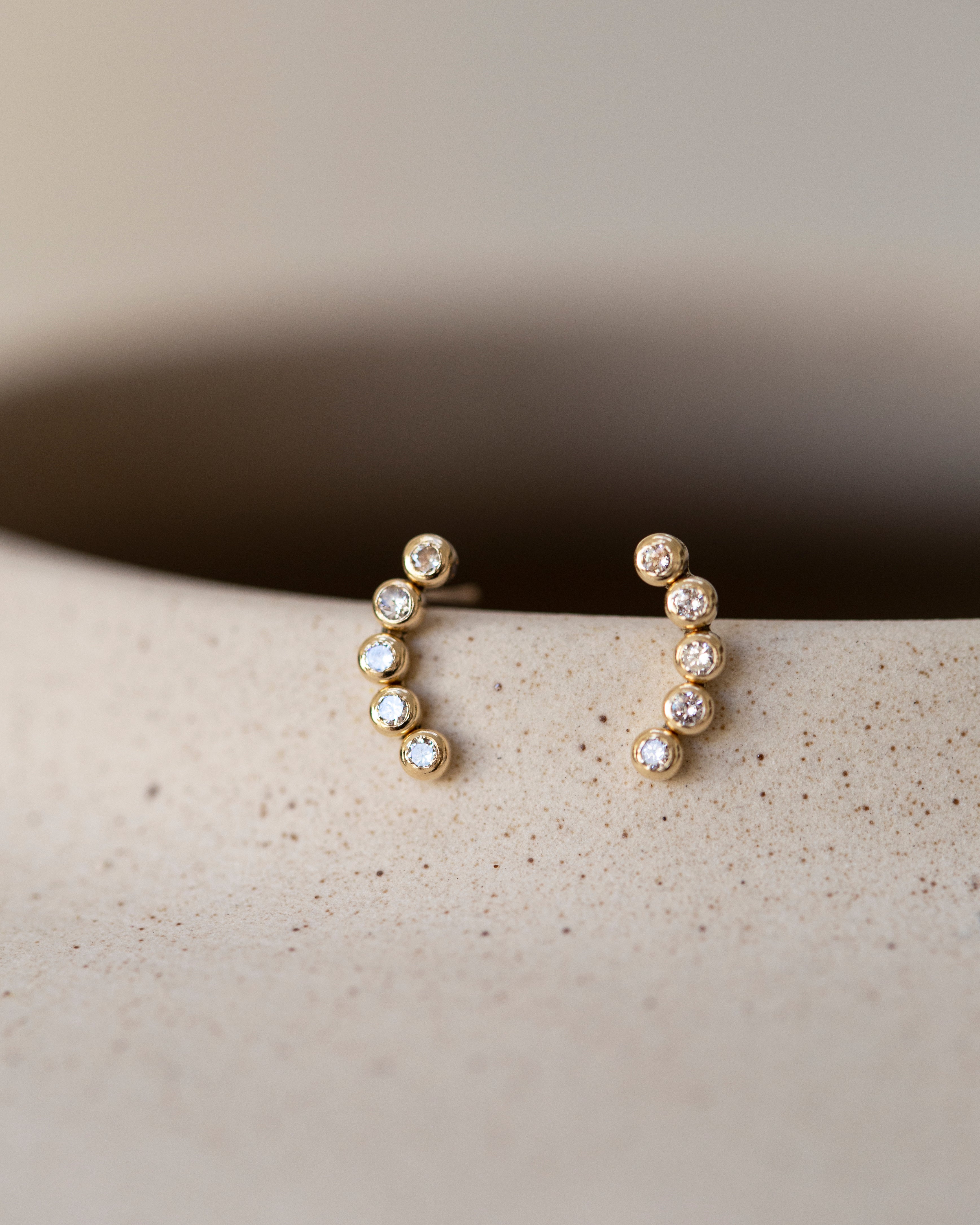 14K Yellow Gold CZ Crescent Moon Stud Earrings