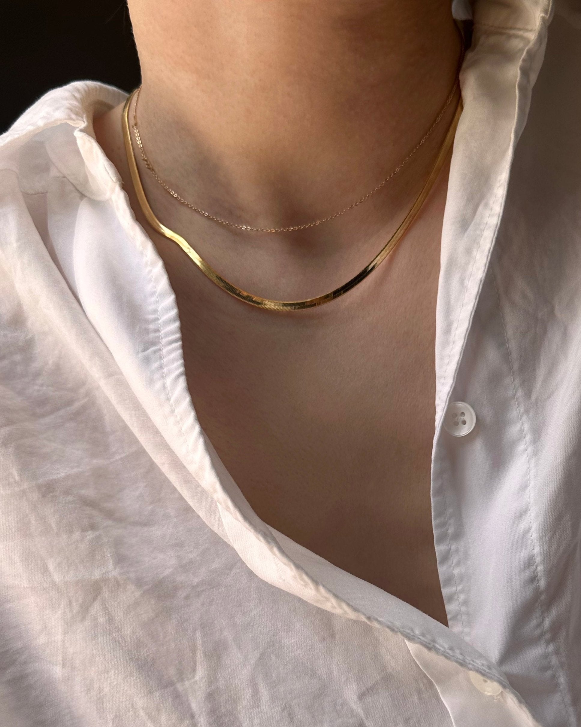 14K Gold Plated Herringbone Choker Necklace - 14.5" Snake Chain With 2" Extender, Minimalist Layered Jewelry Gift