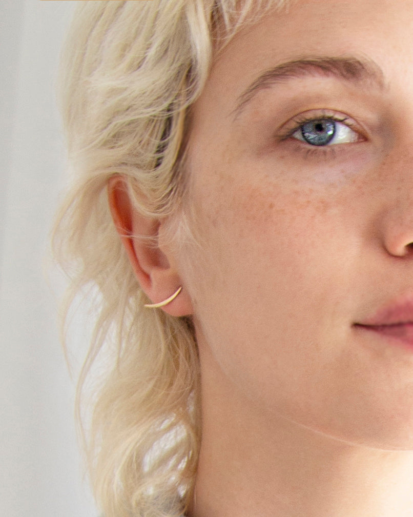 Minimal Swoop Climber Earrings in 14K Gold filled - Hammered or Shinny,
Little Crescent Moon studs are so simple, neat and stylish!