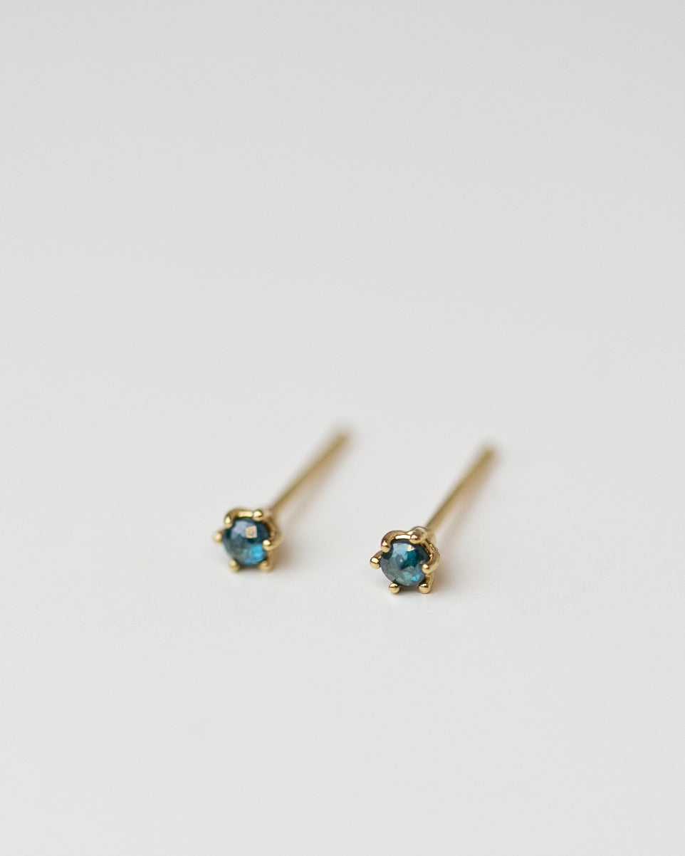 Gold Blue Rough Cut Diamond Solitaire Stud Earrings in 14k Gold.