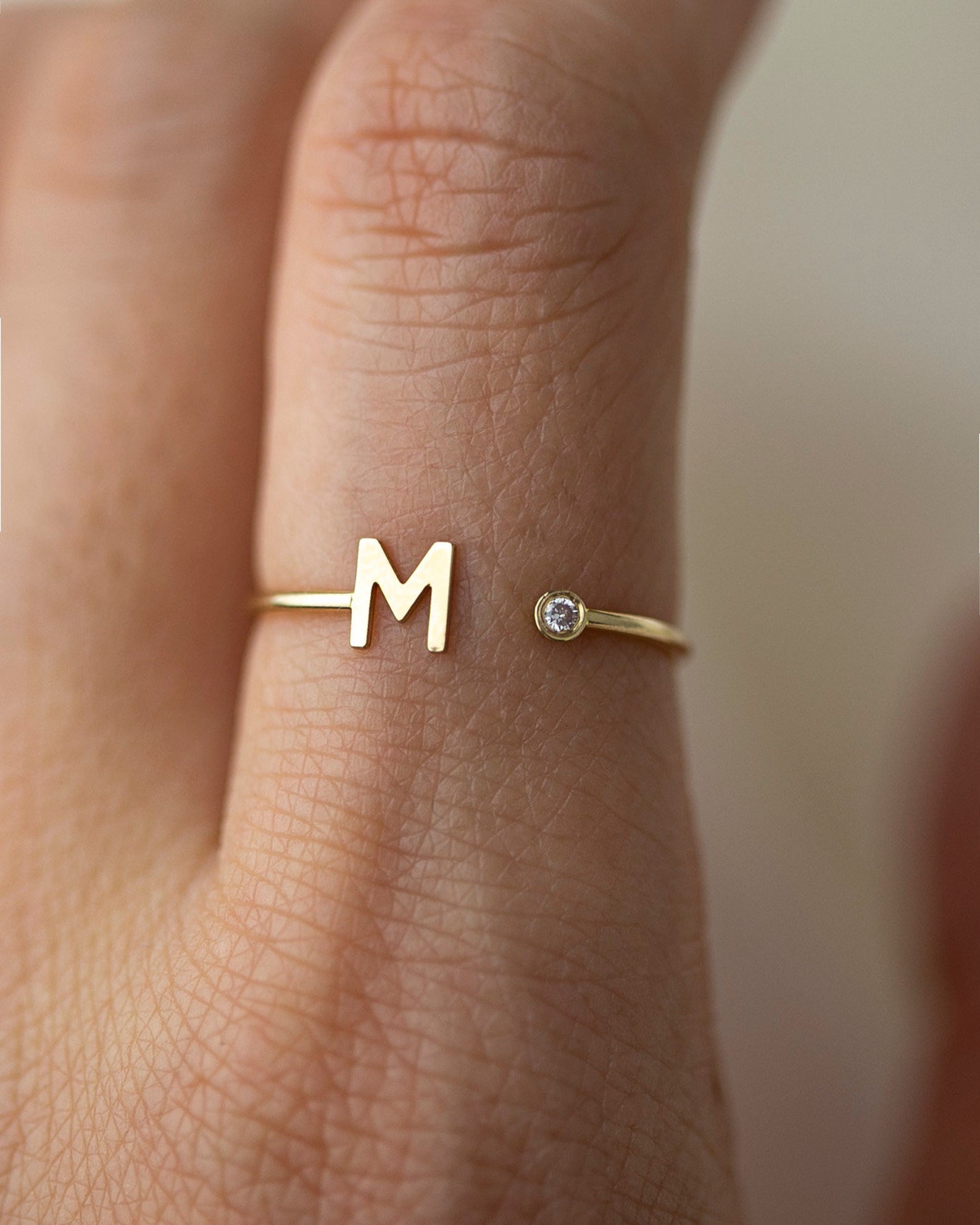 14K Solid Gold Diamond M Letter Ring