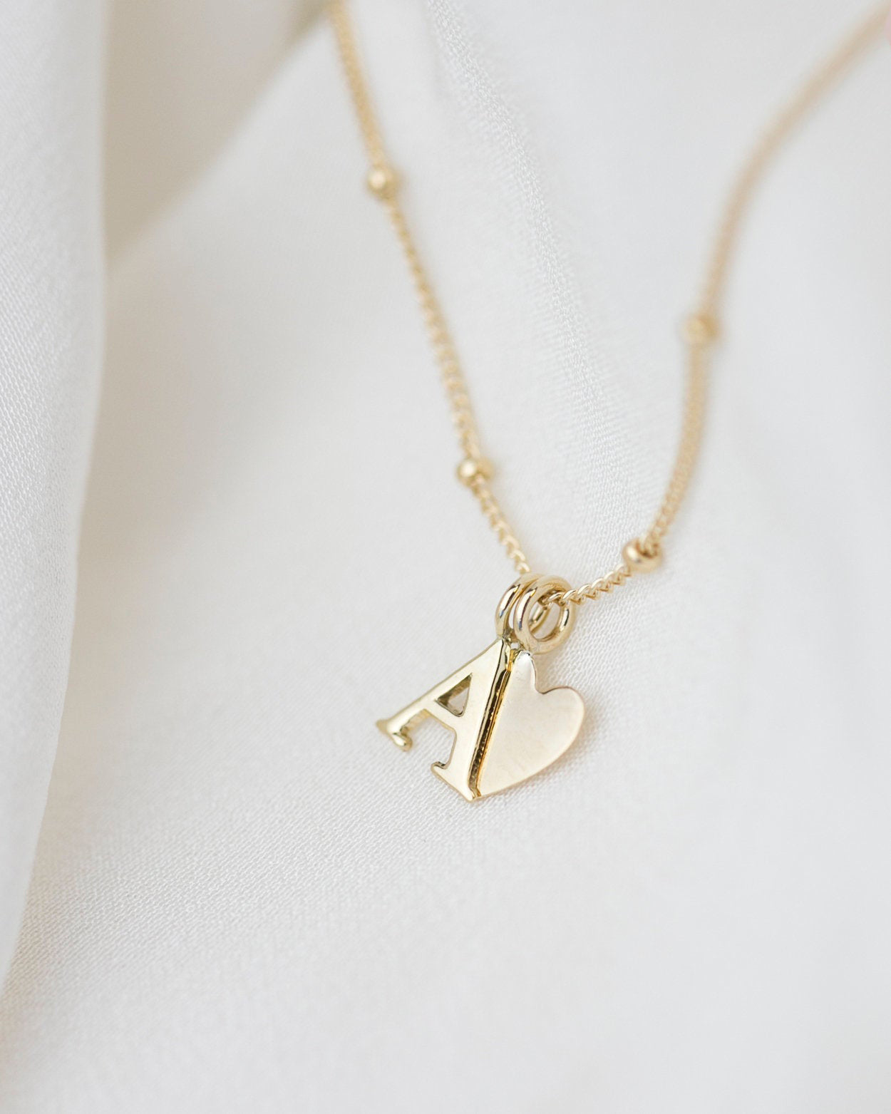 14k solid gold initials necklace with beautiful beaded chain